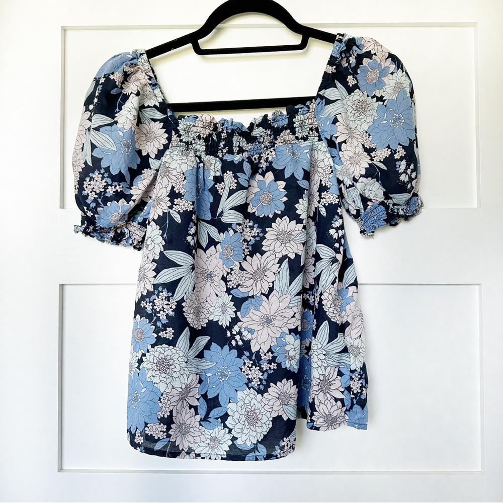 J. Crew Squareneck Puff-sleeve Top Navy Zinnia Foral